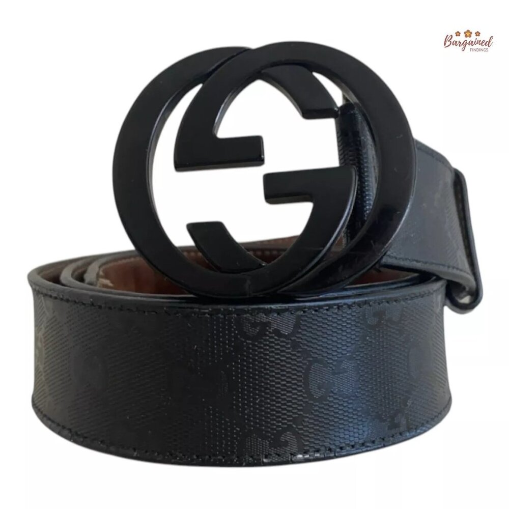 Authentic Gucci Black Imprime Monogram Leather Interlocking G Buckle Belt 95/38